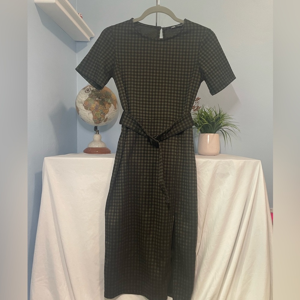 Zara Green and Black Checkered Top Size S